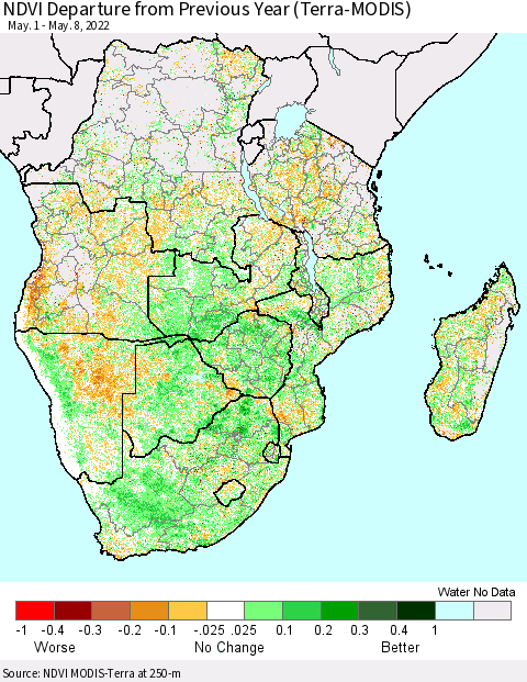 Southern Africa NDVI Departure from Previous Year (Terra-MODIS) Thematic Map For 5/1/2022 - 5/8/2022