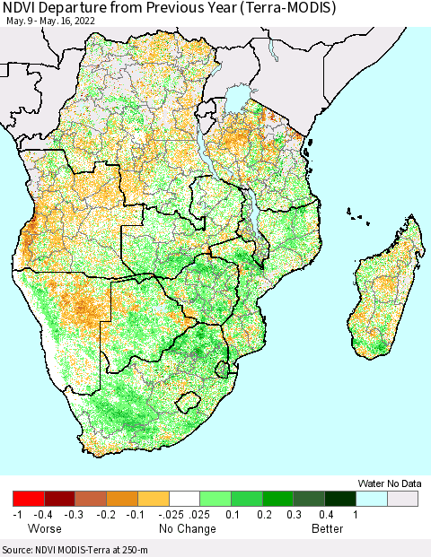 Southern Africa NDVI Departure from Previous Year (Terra-MODIS) Thematic Map For 5/9/2022 - 5/16/2022