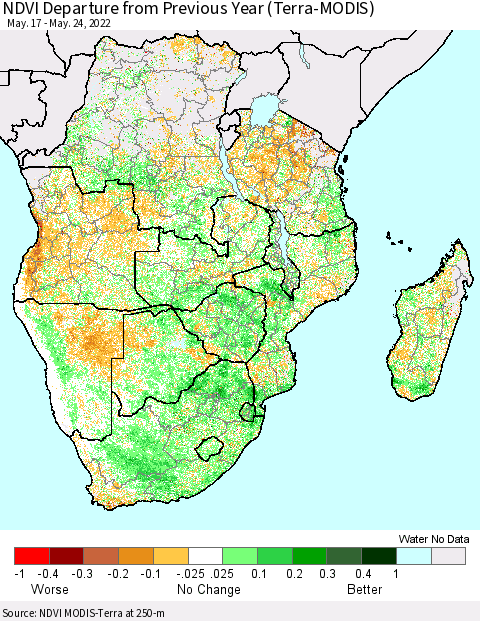 Southern Africa NDVI Departure from Previous Year (Terra-MODIS) Thematic Map For 5/17/2022 - 5/24/2022