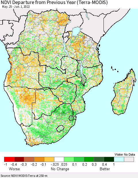 Southern Africa NDVI Departure from Previous Year (Terra-MODIS) Thematic Map For 5/25/2022 - 6/1/2022