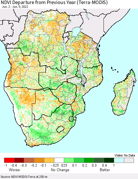 Southern Africa NDVI Departure from Previous Year (Terra-MODIS) Thematic Map For 6/2/2022 - 6/9/2022