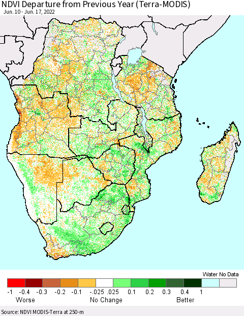 Southern Africa NDVI Departure from Previous Year (Terra-MODIS) Thematic Map For 6/10/2022 - 6/17/2022