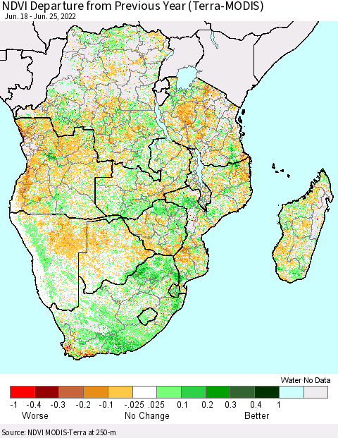 Southern Africa NDVI Departure from Previous Year (Terra-MODIS) Thematic Map For 6/18/2022 - 6/25/2022