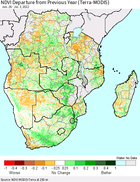 Southern Africa NDVI Departure from Previous Year (Terra-MODIS) Thematic Map For 6/26/2022 - 7/3/2022