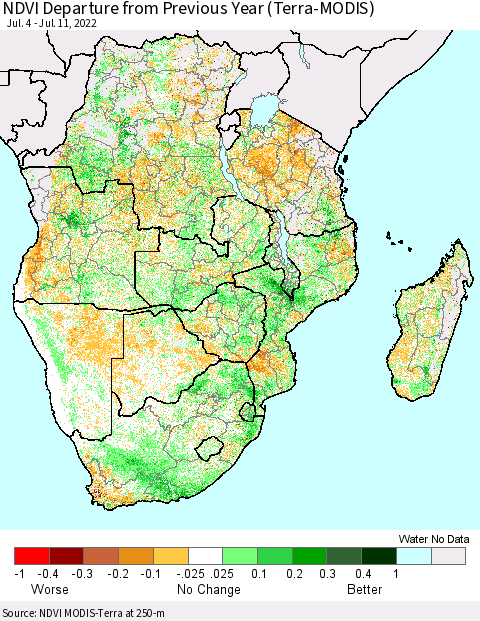 Southern Africa NDVI Departure from Previous Year (Terra-MODIS) Thematic Map For 7/4/2022 - 7/11/2022