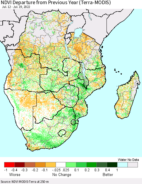 Southern Africa NDVI Departure from Previous Year (Terra-MODIS) Thematic Map For 7/12/2022 - 7/19/2022