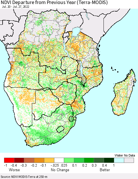 Southern Africa NDVI Departure from Previous Year (Terra-MODIS) Thematic Map For 7/20/2022 - 7/27/2022