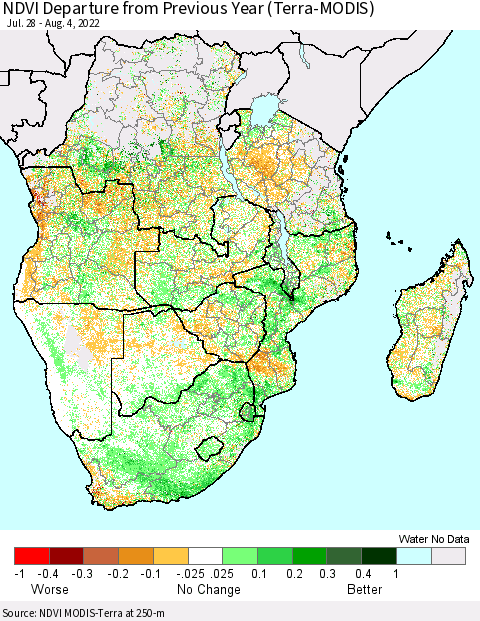 Southern Africa NDVI Departure from Previous Year (Terra-MODIS) Thematic Map For 7/28/2022 - 8/4/2022