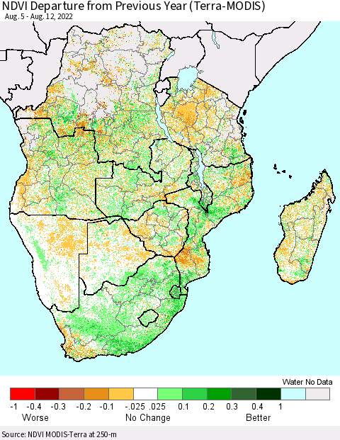 Southern Africa NDVI Departure from Previous Year (Terra-MODIS) Thematic Map For 8/5/2022 - 8/12/2022