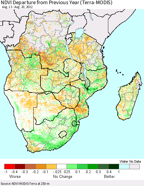 Southern Africa NDVI Departure from Previous Year (Terra-MODIS) Thematic Map For 8/13/2022 - 8/20/2022