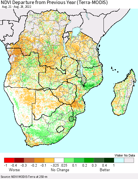 Southern Africa NDVI Departure from Previous Year (Terra-MODIS) Thematic Map For 8/21/2022 - 8/28/2022
