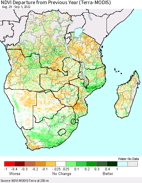 Southern Africa NDVI Departure from Previous Year (Terra-MODIS) Thematic Map For 8/29/2022 - 9/5/2022
