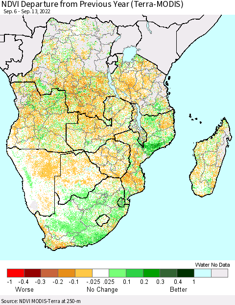 Southern Africa NDVI Departure from Previous Year (Terra-MODIS) Thematic Map For 9/6/2022 - 9/13/2022