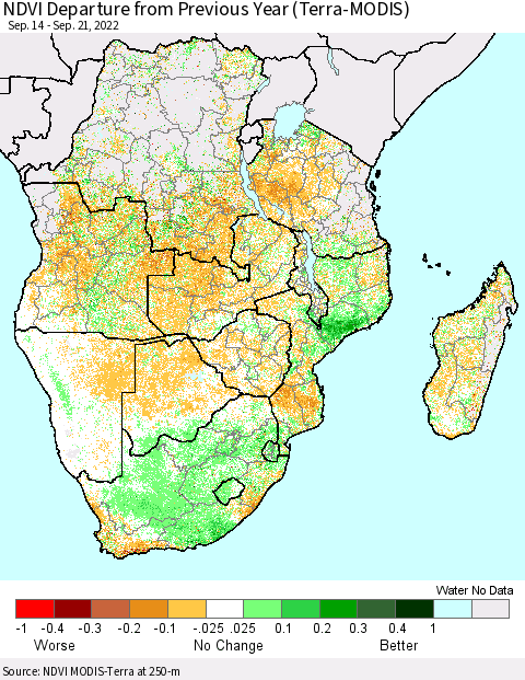 Southern Africa NDVI Departure from Previous Year (Terra-MODIS) Thematic Map For 9/14/2022 - 9/21/2022