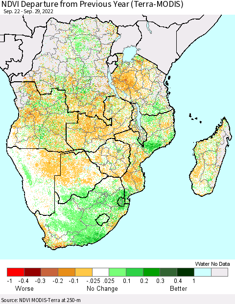Southern Africa NDVI Departure from Previous Year (Terra-MODIS) Thematic Map For 9/22/2022 - 9/29/2022