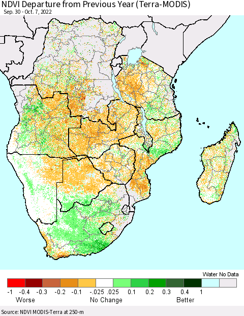 Southern Africa NDVI Departure from Previous Year (Terra-MODIS) Thematic Map For 9/30/2022 - 10/7/2022