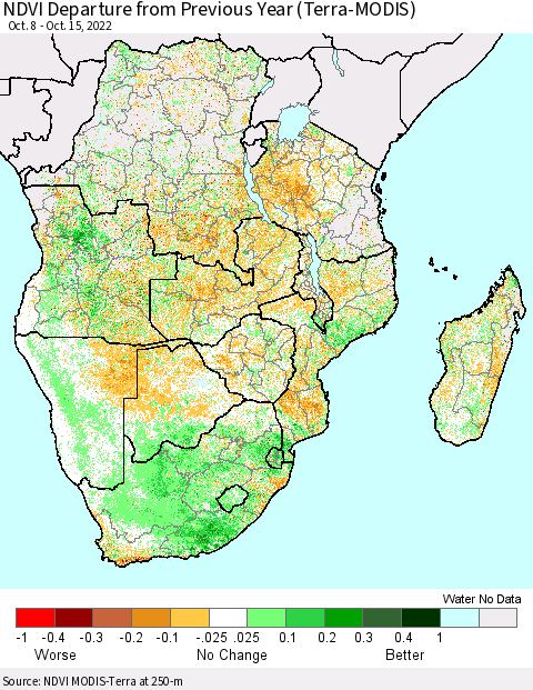 Southern Africa NDVI Departure from Previous Year (Terra-MODIS) Thematic Map For 10/8/2022 - 10/15/2022