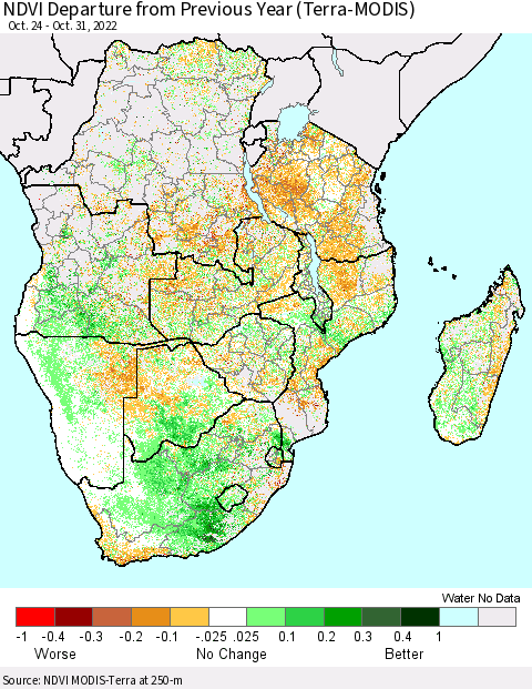 Southern Africa NDVI Departure from Previous Year (Terra-MODIS) Thematic Map For 10/24/2022 - 10/31/2022