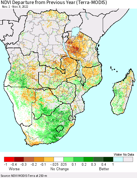 Southern Africa NDVI Departure from Previous Year (Terra-MODIS) Thematic Map For 11/1/2022 - 11/8/2022