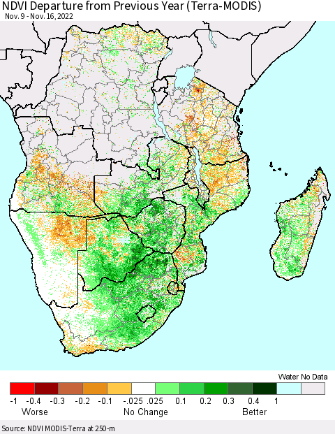 Southern Africa NDVI Departure from Previous Year (Terra-MODIS) Thematic Map For 11/9/2022 - 11/16/2022