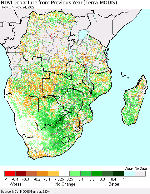 Southern Africa NDVI Departure from Previous Year (Terra-MODIS) Thematic Map For 11/17/2022 - 11/24/2022
