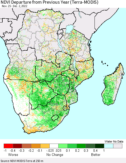 Southern Africa NDVI Departure from Previous Year (Terra-MODIS) Thematic Map For 11/25/2022 - 12/2/2022