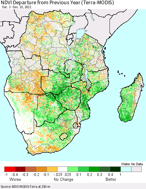 Southern Africa NDVI Departure from Previous Year (Terra-MODIS) Thematic Map For 12/3/2022 - 12/10/2022