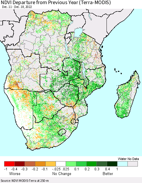 Southern Africa NDVI Departure from Previous Year (Terra-MODIS) Thematic Map For 12/11/2022 - 12/18/2022
