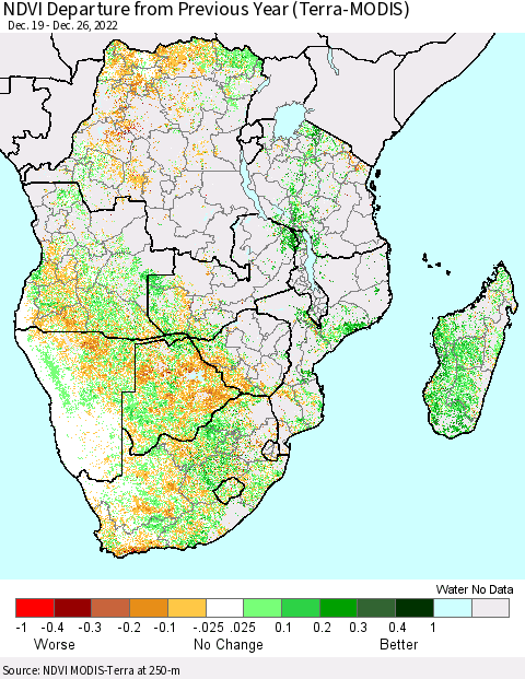 Southern Africa NDVI Departure from Previous Year (Terra-MODIS) Thematic Map For 12/19/2022 - 12/26/2022