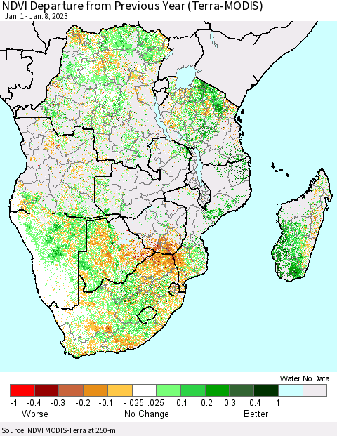 Southern Africa NDVI Departure from Previous Year (Terra-MODIS) Thematic Map For 1/1/2023 - 1/8/2023