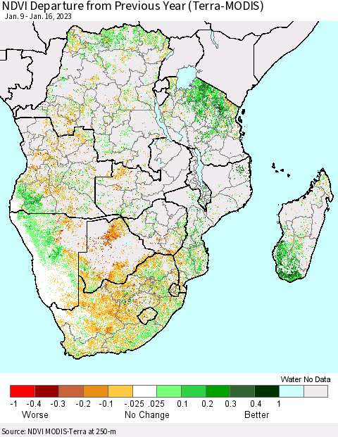 Southern Africa NDVI Departure from Previous Year (Terra-MODIS) Thematic Map For 1/9/2023 - 1/16/2023