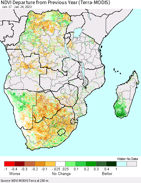 Southern Africa NDVI Departure from Previous Year (Terra-MODIS) Thematic Map For 1/17/2023 - 1/24/2023