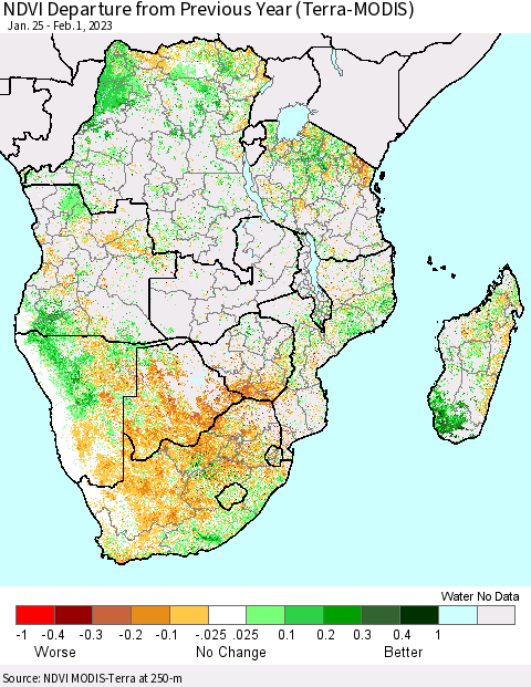 Southern Africa NDVI Departure from Previous Year (Terra-MODIS) Thematic Map For 1/25/2023 - 2/1/2023
