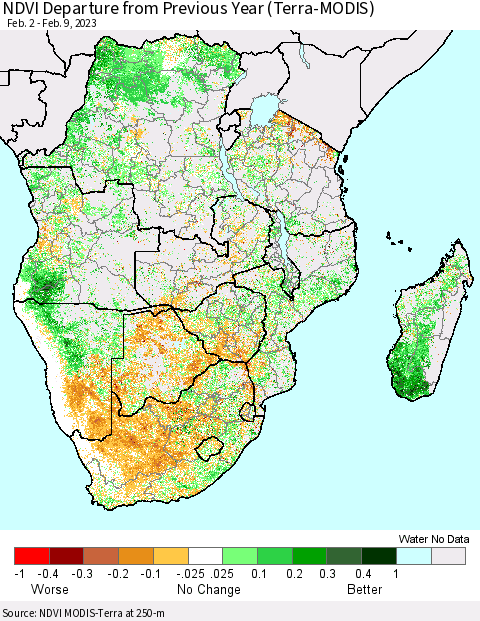 Southern Africa NDVI Departure from Previous Year (Terra-MODIS) Thematic Map For 2/2/2023 - 2/9/2023
