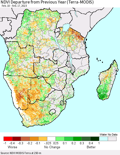 Southern Africa NDVI Departure from Previous Year (Terra-MODIS) Thematic Map For 2/10/2023 - 2/17/2023