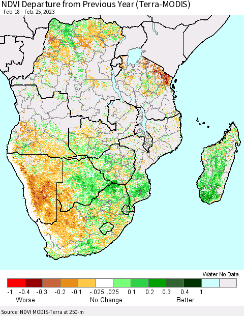 Southern Africa NDVI Departure from Previous Year (Terra-MODIS) Thematic Map For 2/18/2023 - 2/25/2023