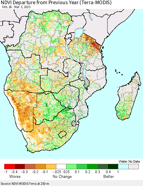 Southern Africa NDVI Departure from Previous Year (Terra-MODIS) Thematic Map For 2/26/2023 - 3/5/2023