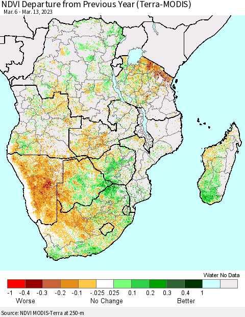 Southern Africa NDVI Departure from Previous Year (Terra-MODIS) Thematic Map For 3/6/2023 - 3/13/2023