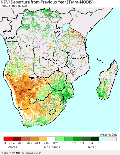 Southern Africa NDVI Departure from Previous Year (Terra-MODIS) Thematic Map For 3/14/2023 - 3/21/2023
