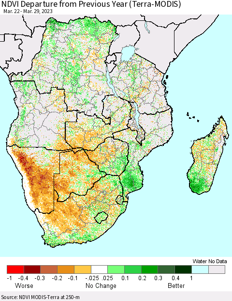 Southern Africa NDVI Departure from Previous Year (Terra-MODIS) Thematic Map For 3/22/2023 - 3/29/2023