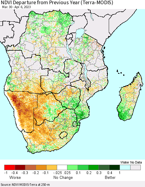 Southern Africa NDVI Departure from Previous Year (Terra-MODIS) Thematic Map For 3/30/2023 - 4/6/2023