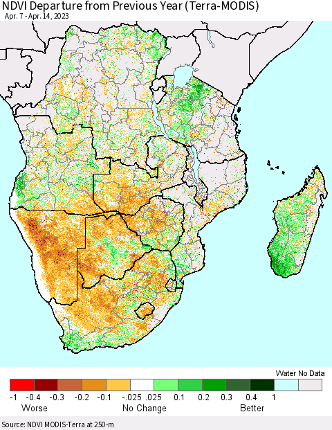 Southern Africa NDVI Departure from Previous Year (Terra-MODIS) Thematic Map For 4/7/2023 - 4/14/2023