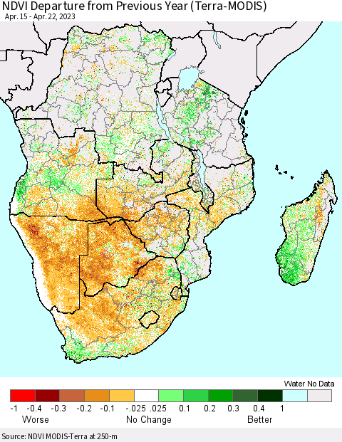Southern Africa NDVI Departure from Previous Year (Terra-MODIS) Thematic Map For 4/15/2023 - 4/22/2023