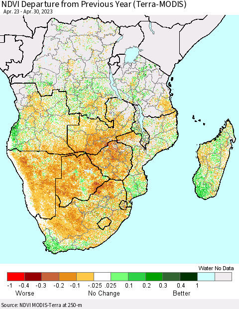 Southern Africa NDVI Departure from Previous Year (Terra-MODIS) Thematic Map For 4/23/2023 - 4/30/2023