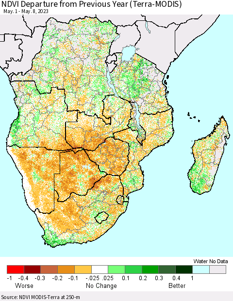 Southern Africa NDVI Departure from Previous Year (Terra-MODIS) Thematic Map For 5/1/2023 - 5/8/2023