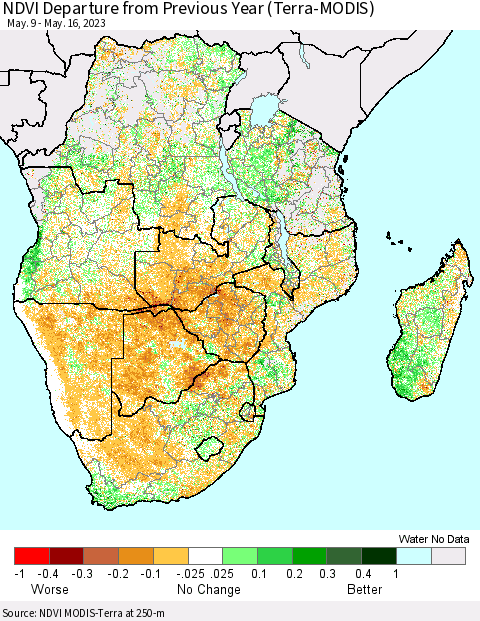 Southern Africa NDVI Departure from Previous Year (Terra-MODIS) Thematic Map For 5/9/2023 - 5/16/2023