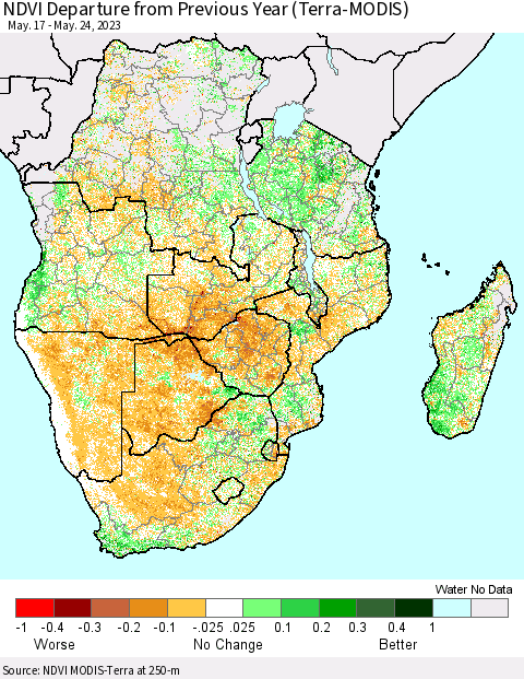 Southern Africa NDVI Departure from Previous Year (Terra-MODIS) Thematic Map For 5/17/2023 - 5/24/2023