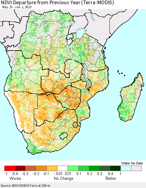 Southern Africa NDVI Departure from Previous Year (Terra-MODIS) Thematic Map For 5/25/2023 - 6/1/2023