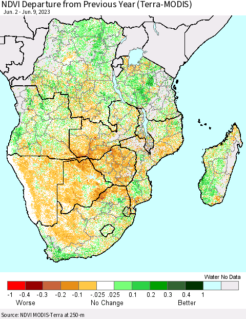 Southern Africa NDVI Departure from Previous Year (Terra-MODIS) Thematic Map For 6/2/2023 - 6/9/2023