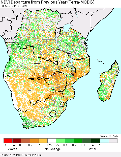 Southern Africa NDVI Departure from Previous Year (Terra-MODIS) Thematic Map For 6/10/2023 - 6/17/2023